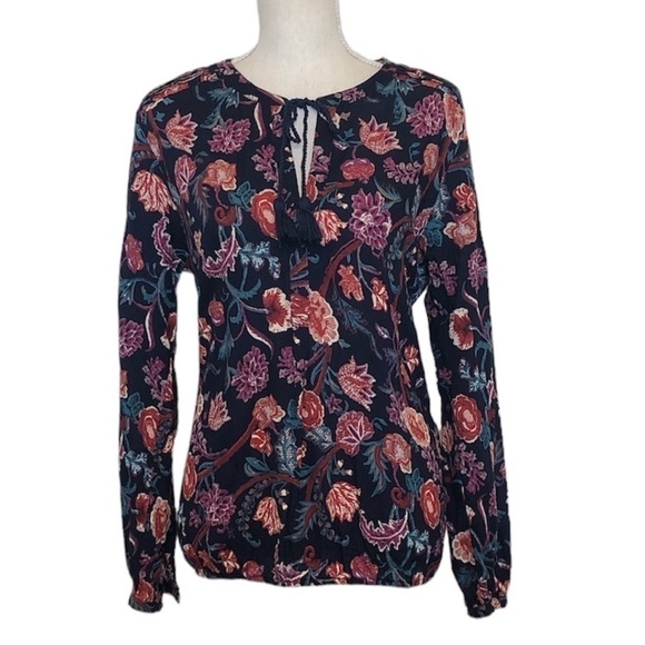 LUCKY BRAND Blouse Women's Size Medium Blue Pink Floral V-Neck Long Sleeve Top - Picture 13 of 13